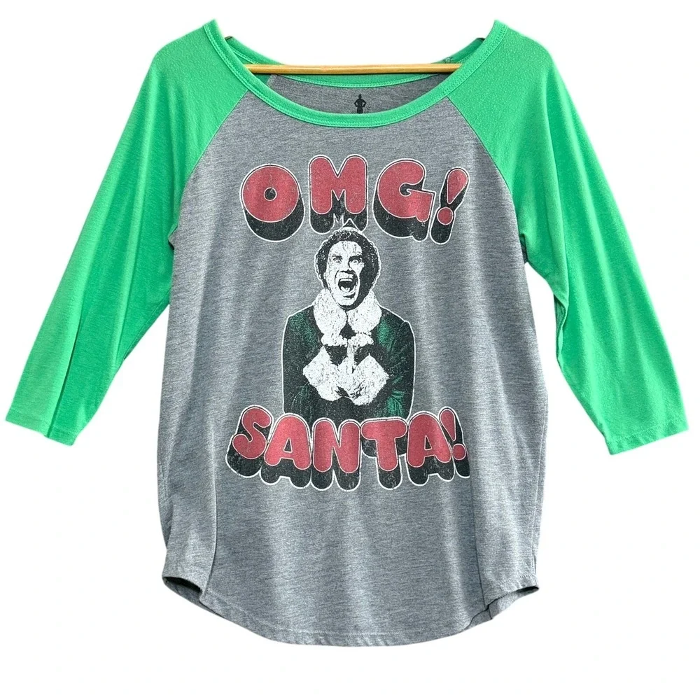 RIPPLE JUNCTION Buddy the‎ Elf OMG Santa Raglan Shirt L Holiday Christmas Party